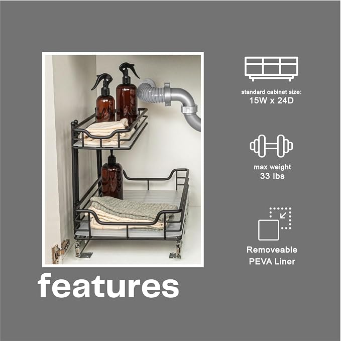 Household Essentials Matte Black Powder-Coated Steel Undersink Pull-Out Organizer with Plastic Accents - Image 4