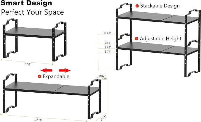 Jojocross Expandable Shelf for Cabinet Organizer Adjustable Stackable Spice Rack at Kitchen and Bathroom more, Counter Countertop Cupboard Organization Pantry Storage(MEDIUM/2PACKS/BLACK) - Image 5