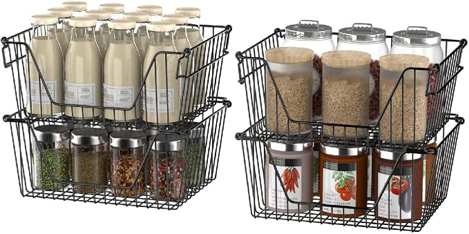 Slideep Wire Storage Baskets for Organizing, 4 Pack 14'' Stacking Metal Wire Freezer Organizer Bins with Handles, Large Pantry Baskets for Kitchen Cabinets, Bathroom, Laundry, Garage, Black - Image 3