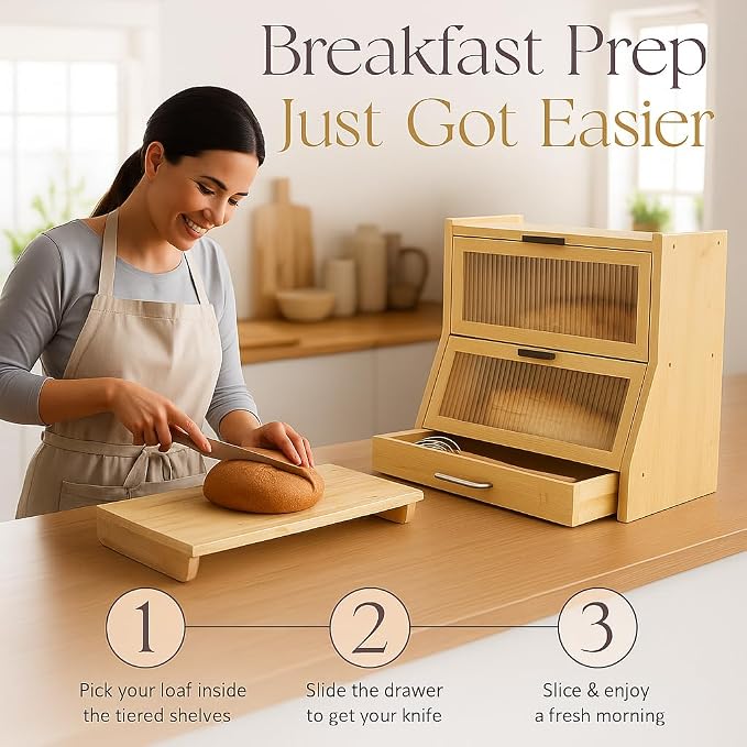 Bread Box for Kitchen Countertop - Bamboo Wood Breadbox with Knife Storage, Ventilation Holes - Farmhouse Loaf Organizer, Versatile 2 Layer Bread Storage Container for Snacks Mugs Spices - Image 3