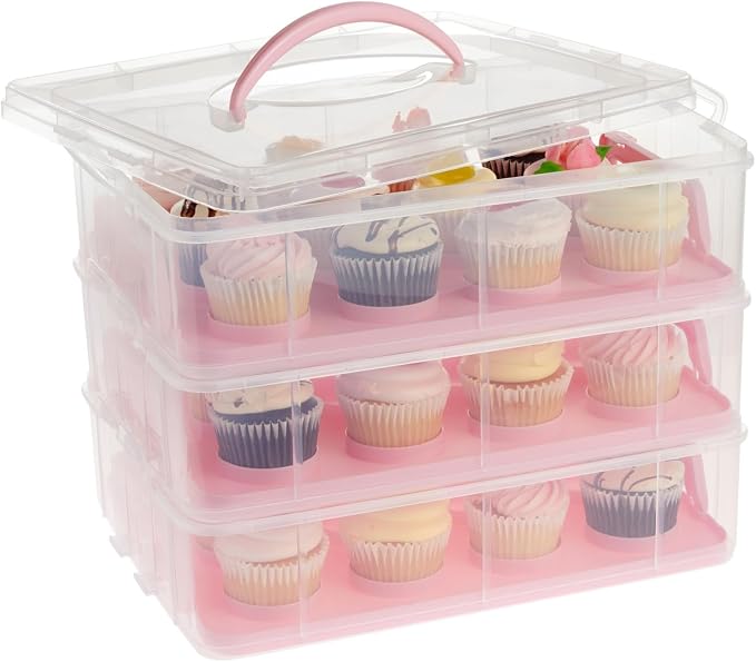 Juvale 3-Tier Cupcake Carrier - Airtight Plastic Container for Baking - Stackable Cupcake Containers & Removable Trays - Portable Cake Transport Holder - Holds 36, Pink, 13.5"x10.25"x10.75" by Juvale