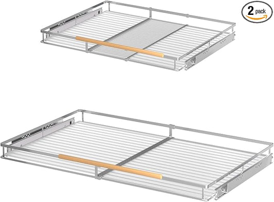 Expandable Pull Out Drawer Cabinet Organizers, Heavy Duty Slide Out Storage Shelf for Home Kitchen Pantry Cupboard Pots Pans, Adjustable Width from 12.1"~18.4", Stainless Steel 2 Pack by SOFRON