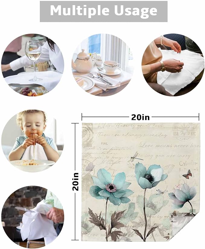 Teal Tulip Cloth Napkins Set of 8, Rustic Farmhouse Floral Cocktail Cloth Napkins 20 x 20 Inch, Elegant Flower Vintage Brown Washable Reusable Dinner Table Napkins for Wedding Holiday Party - Image 7