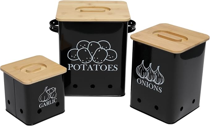 Kitchen Canisters Set, Storage Bin for Potato Onion & Garlic, 3 Pack Set Countertop Pots Containers with Wooden Lid - Potato Storage, Garlic Bin, Onion Keeper Tin with Aerating Holes-Black by Gdfjiy