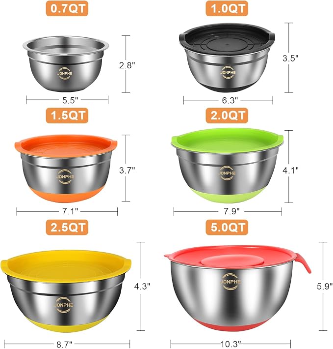 Stainless Steel Mixing Bowls with Airtight Lids, Nesting Bowls Set, 3 Grater Attachments & Non-Slip Silicone Bottoms, Size 5, 2.5, 2,1.5, 1, 0.7QT, Great for Mixing & Serving - Image 2