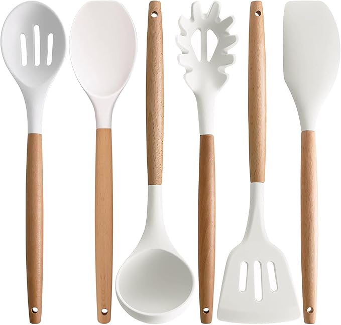 Kitchen Cooking Utensils Set 6Pcs Non-Stick Silicone Kitchen Utensils Spatula Spoon Turner Ladle Pasta Server, Heat Resistant Wooden Handle Silicone Cooking Gadgets Sets for Cookware & Baking by IOCBYHZ