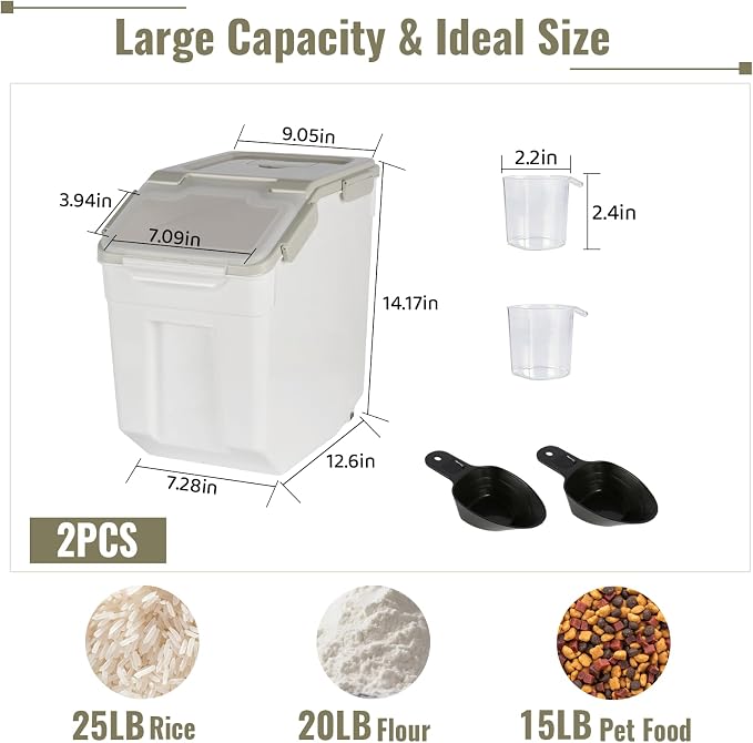 2 Pack Rice Container 25 lbs Large Bulk Flour Sugar Storage Holdhouse Plastic Grain Cereal Dry Goods Bin with Spoon and Measuring Cup for Kitchen Pantry Organization - Grey - Image 2