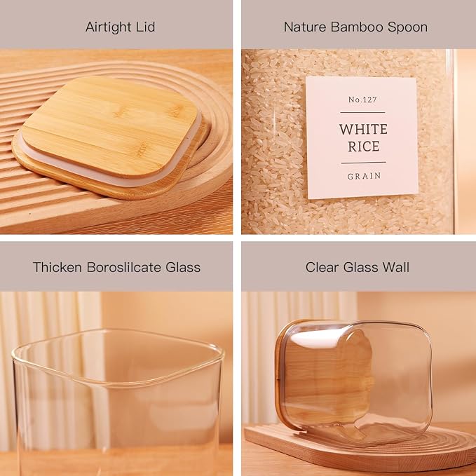 2 Pack Square Glass Flour and Sugar Containers with 132 Kitchen Pantry Labels - Thicken 85 FL OZ Large Glass Storage Jars with Airtight Bamboo Lid - Big Food Canisters for Cookies, Candy, Tea, Coffee - Image 5
