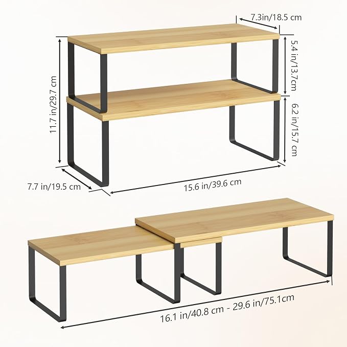 Set of 4 Kitchen Shelf Organizer for Cabinet, Large 15.7 in(L) Bamboo Counter Cupboard Organiser, Pantry Storage Rack for Bathroom, Kitchen, Laundry Room Expandable & Stackable - Image 3