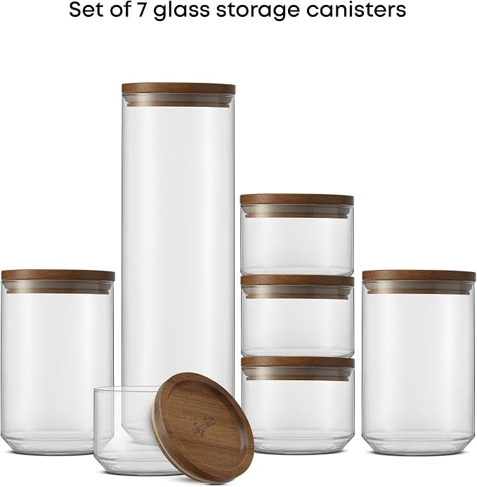 JoyJolt Holden 7-Piece Stackable Glass Storage Containers with Lids, Airtight Food Canister Set with Acacia Wood Lids, Round Stacking Pantry and Kitchen Containers for Pasta, Flour, Sugar, Coffee - Image 8