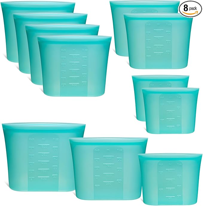 8-Pack Reusable Silicone Food Storage Bags, 100% Silicone Stand-Up Wide-Open Zip-Lock Reusable Storage Bags for Food, Freezer Microwave Oven Dishwasher Safe, Aqua, 4M 2S 2XS by SiliseaDirect