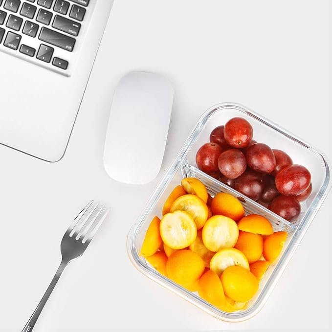 Meal Prep Containers - 2 Compartments with Glass Bowls with Lids, Food Storage Containers Dividers Airtight Lunch Containers, Bento Box for Oven Freezer, 10 Pack - Image 5