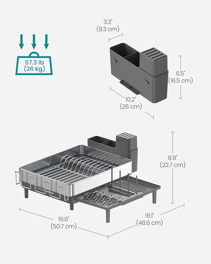 SONGMICS Large Dish Drying Rack, Expandable Dish Dryer for Kitchen Counter, Stainless Steel Dish Rack with Rotatable Spout, Utensil, Cup, Glass, Cutting Board, Pan Holders, Silver and Gray UKCS037G01 - Image 4