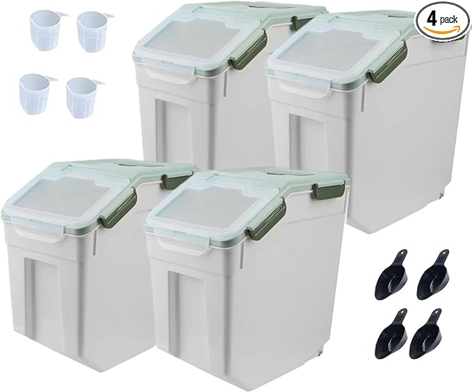 25LB Large Flour Storage Container Bin,Green Airtight Plastic with Wheels Seal Locking Lid Dispenser Organizer Storage Bin with Measuring Cup & Scoop for Flour, Rice, Grain，Set of 4 by YXQ