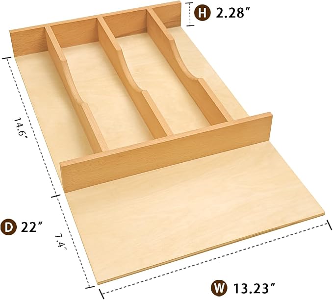 Silverware Drawer Organizer - Trim-to-Fit with Adjustable Dividers for Kitchen Utensil Storage, Beech Wood Frame with 11 Sizes (13.23" W x 22" D) - Image 4