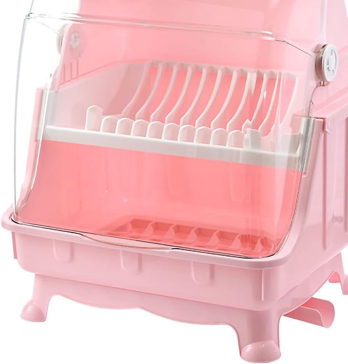 Dish Drying Rack, Bottle Dryer Holder with Cover Lid and Removable Drainboard, Utensil and Cup Holder for Kitchen Counter, Dish Dryer Shelf, Medium Size, 16 x 13 x 18.3 Inch (Pink) - Image 4