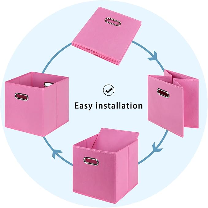 Black Fabric Cubby Storage Bins,13x13x13 Inches ,Cube Organizer Bin Foldable Storage Boxes with Dual Handles Fabric Organizer Box and collapsible Storage basket,Set of 6,Pink - Image 6