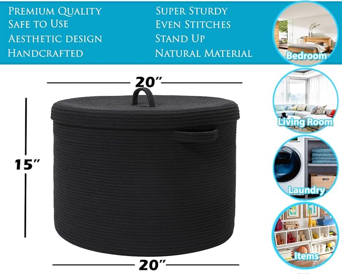 20x15 Inch Extra Large Round Cotton Rope Storage Basket with Lid, Decorative Woven Bin with Cover for Living Room Bedroom Closet, Black - Image 3