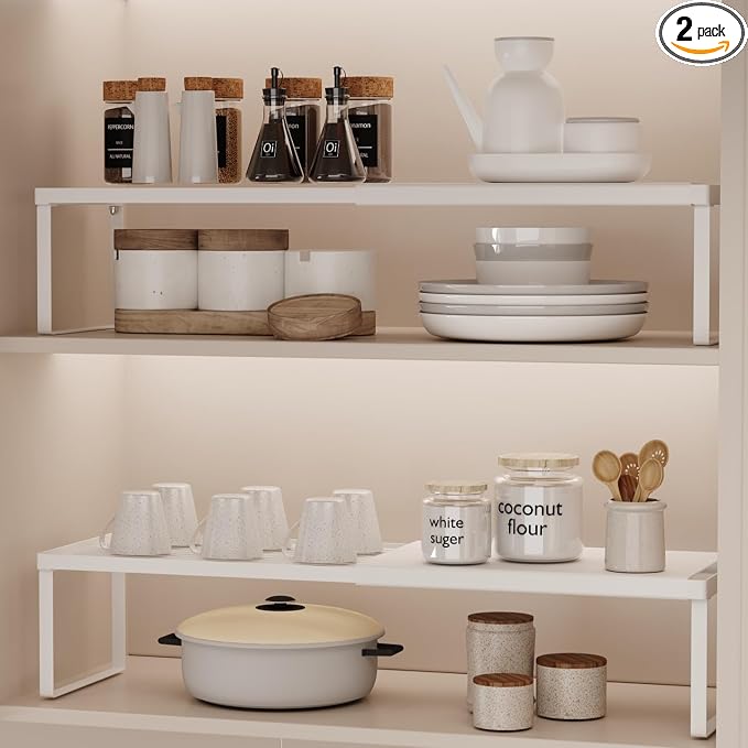 Magheo Expandable Cabinet Shelf Organizer, 2 Pack Stackable Kitchen Counter Shelf Riser, Metal Spice Rack Heavy Duty Countertop Organizer Storage for Kitchen, Pantry, Cupboard, Rv (5.9in Height,White) by MAGHEO