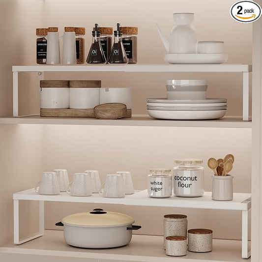 Magheo Expandable Cabinet Shelf Organizer, 2 Pack Stackable Kitchen Counter Shelf Riser, Metal Spice Rack Heavy Duty Countertop Organizer Storage for Kitchen, Pantry, Cupboard, Rv (5.9in Height,White) by MAGHEO