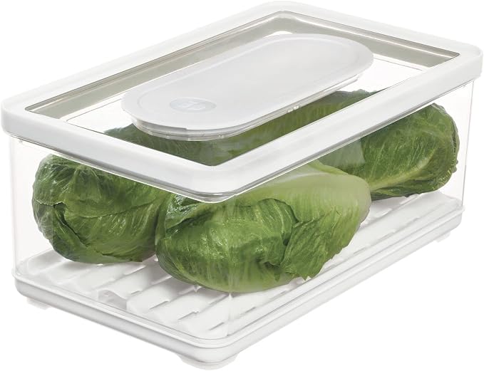 iDesign Large Fridge Produce Bin, Clear/White | Removable Drainage Tray, With Lid by iDesign