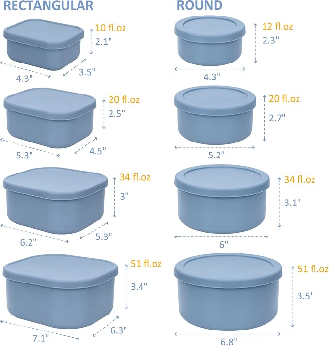 100% Silicone Food Storage Containers with Lids, 8 Pack, 10oz to 51oz, Reusable Leakproof Nesting & Stackable Silicone Bento Lunch Box, Microwave Freezer Dishwasher Oven Safe, BPA Free, Slate Blue - Image 7