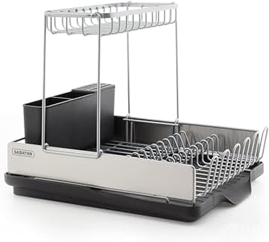 Sabatier Compact 2-Tier Dish Drying Rack with Flatware Caddy and Knife Insert - Stainless Steel Dish Rack for Kitchen Counter, Space-Saving Drainer with Drainboard Spout by Sabatier