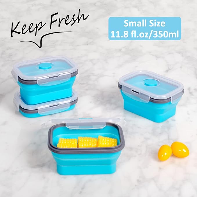 Collapsible Food Storage Containers with Lids & Vent, 11.8 oz, Kitchen Stacking Silicone Collapsible Meal Prep Container Set for Leftover, Microwave Freezer Dishwasher Safe, Blue Small 4 Pack - Image 8