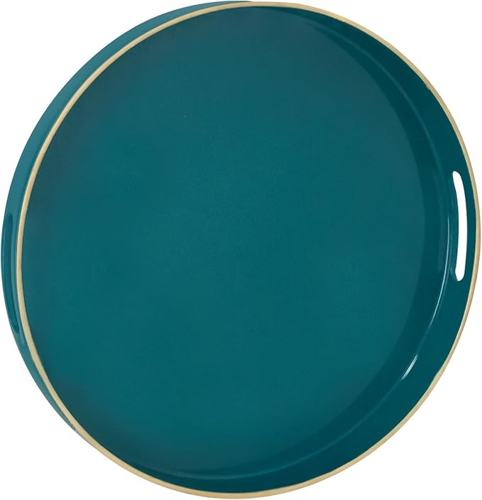 13" Teal Decorative Tray, Plastic Round Serving Tray with Handles | Green Decorative Tray for Coffee Table, Modern Ottoman Tray, Circle Tea Tray, Round Melamine Tray for Living Room, Bathroom by MAONAME