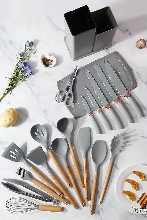 19-Piece Kitchen Utensils Set - Silicone Cooking Utensils, Non-Toxic Spatula Set, Kitchen Tools, Cutting Board, Cooking utensils set (Gray) - Image 3