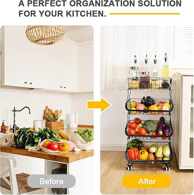 Fruit Vegetable Storage Basket, 4 Tier Stackable Metal Wire Storage Baskets with Wheels, Fruit Vegetable Produce Basket Organizer Bins for Kitchen, Pantry, Bathroom - Image 4