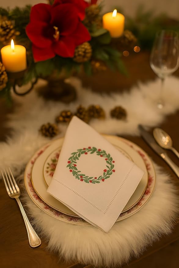 Embroidered Cotton Napkins Christmas 20x20 (Holly Wreath Christmas) - Image 6