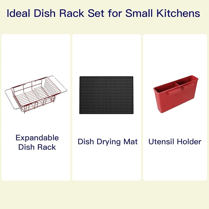 Red Dish Drying Rack Over The Sink with Utensil Holder, Mat | Expandable Stainless Steel Dish Drainer for Small Kitchen, Apartment, RV, Counter Space Saving, Perfect Fit, Rustproof - Image 9