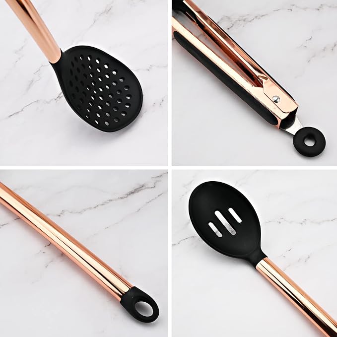 Non-stick Silicone Cooking Utensil Set with Holder, 16pcs Kitchen Utensils Set Heat Resistant Cookware Copper Stainless Steel Handle Cooking Tools Turner Tongs Spatula Spoon - Black&Rose Gold - Image 6