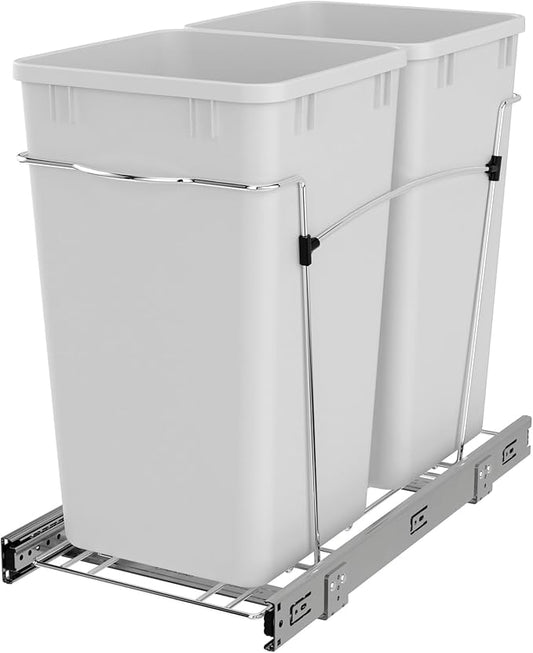 Rev-A-Shelf Double 27 Qt Pullout Trash Can for Base Kitchen Cabinets, Garbage Waste Bin System with Full Extension Slides, Min Opening Width of 11.5", White, RV-15KD-11C S by Rev-A-Shelf