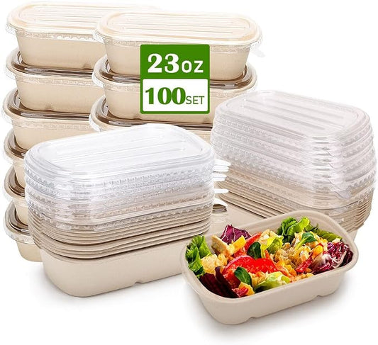 100 Pack 23 Oz Disposable Meal Prep Containers with Lids, Rectangle Paper Bowls with Lids for Salad,Leftovers, Leak-proof To Go Food Box Cardboard Lunch Box Compostable Take Out Food Containers by Aksipo