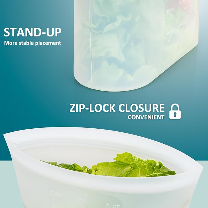 8-Pack Reusable Silicone Food Storage Bags, 100% Silicone Stand-Up Wide-Open Zip-Lock Reusable Storage Bags for Food, Freezer Microwave Oven Dishwasher Safe, Translucent, 4M 2S 2XS - Image 3