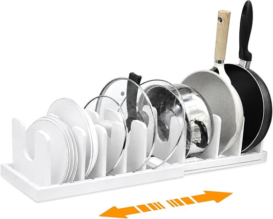 MinBoo Bamboo Expandable Pot Lid Organizer, Pot and Pan Organizer Drawer Organizer for Pot Lids, Adjustable 10 U-Shaped Dividers for Kitchen Cabinet Organizers and Storage,White by MinBoo