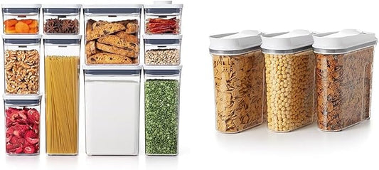 OXO Good Grips 10-Piece POP Container Set, White and OXO Good Grips 3-Piece POP Cereal Dispenser Set by Unknown
