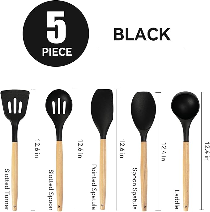 Non-Stick Silicone Cooking Utensils Set, 5 Pcs with Wooden Handle, Heat Resistant Silicone Kitchen Gadgets (Black) - Image 3