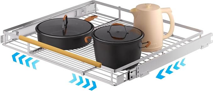 Expandable Pull Out Drawer Cabinet Organizer, Adjustable Width Bottom-Mounted Slide Out Storage Shelves for Cabinets, Required Cabinet Size (14.16"~24.36", D≥17.3"), 1 Pack, Stainless Steel - Image 2
