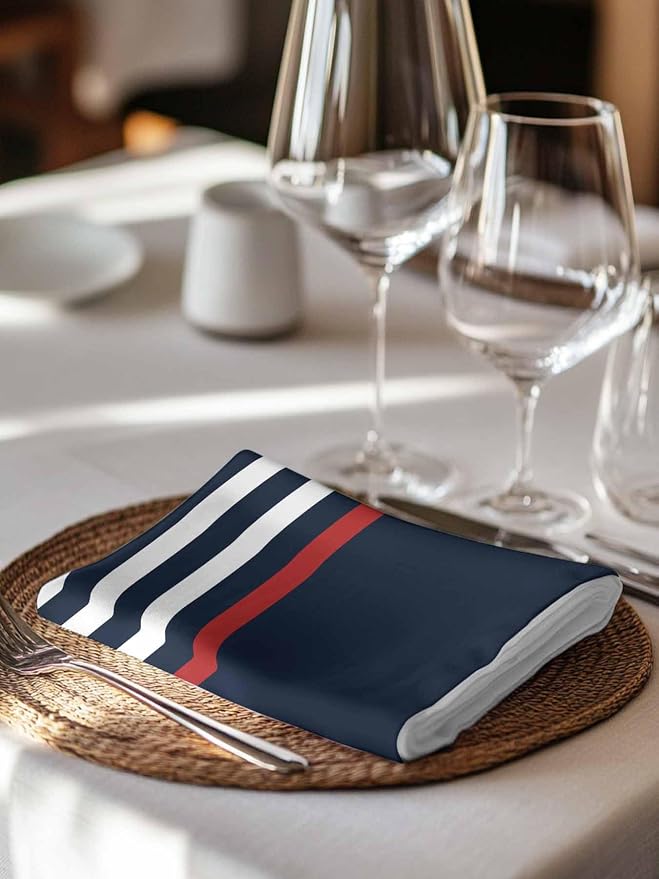 Navy Blue Striped Cloth Napkins Set of 8, Red Anchor Summer Seaside Dinner Napkins Cloth Washable, Cocktail Napkins Reusable for Wedding, Party, Birthday (20"x20") - Image 3