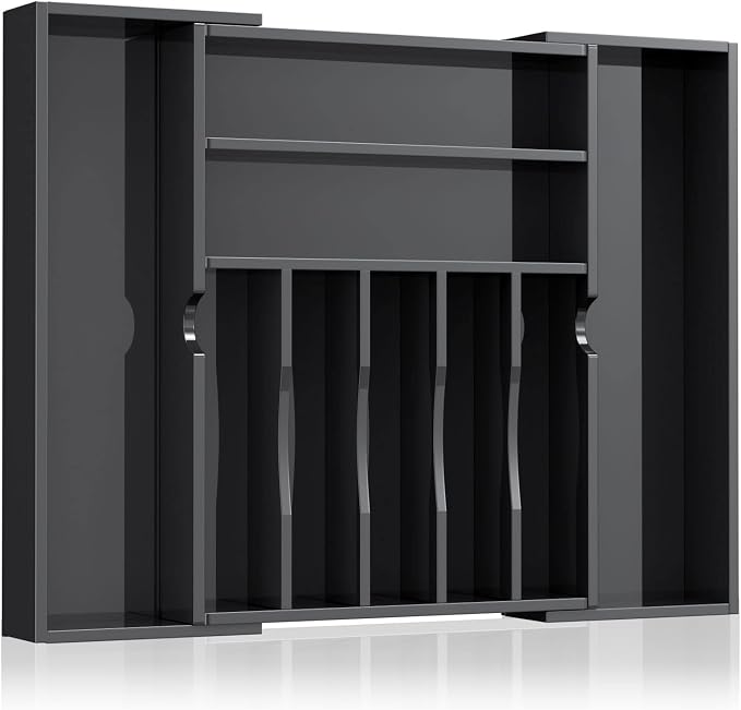 NIUBEE Acrylic Utensil Silverware Tray for Drawer, Cutlery Organizer, Black | Expandable Silverware Organizer for Flatware, 9 Compartments Adjustable Utensil Organizer,Clear Silverware Holder for Kitchen by NIUBEE