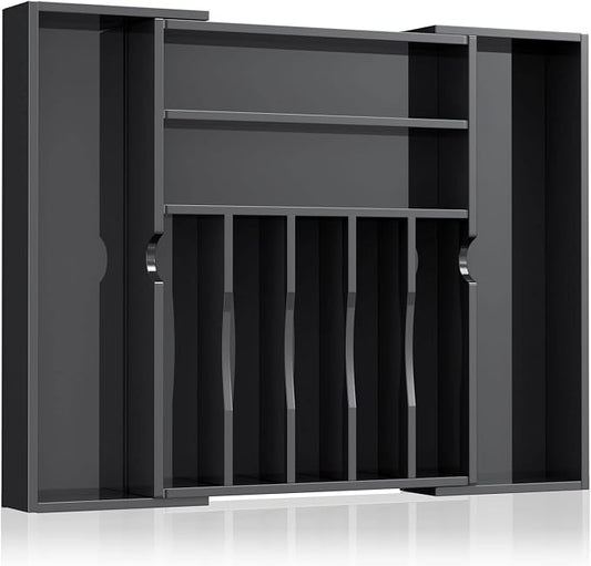 NIUBEE Acrylic Utensil Silverware Tray for Drawer, Cutlery Organizer, Black | Expandable Silverware Organizer for Flatware, 9 Compartments Adjustable Utensil Organizer,Clear Silverware Holder for Kitchen by NIUBEE