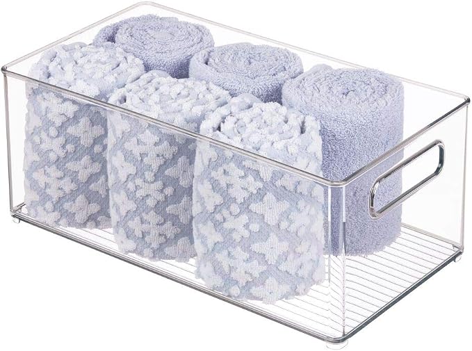 mDesign Plastic Bathroom Storage Container Bins w/ Handles - Closet, Cabinet, Vanity, Cupboard Shelf Organization, Hair Tools Accessory Organizer - Ligne Collection; Clear, 14.6x8.1x6 (Pack of 4) - Image 7