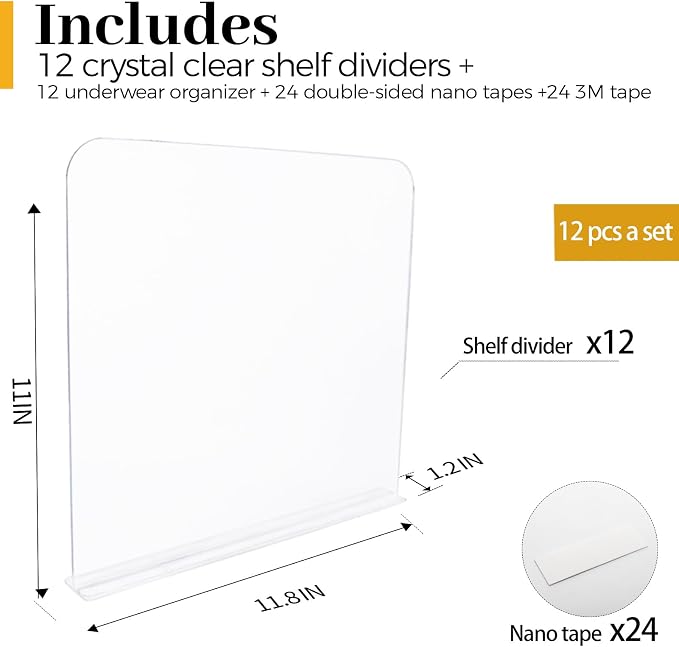 ROUFA Clear Shelf Dividers, Acrylic Closet Dividers Fit for Any Thickness of Shelves, 12pcs Multi-Purpose Wood Shelf Separators for Bedroom, Kitchen, Office, Bathroom, 11.8''x11'' - Image 3