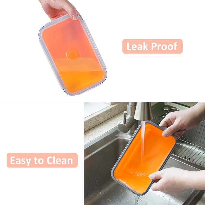 Collapsible Food Storage Containers with Airtight Lid & Vent, 40.5 oz, Kitchen Stacking Silicone Collapsible Meal Prep Container Set for Leftover, Microwave Freezer Dishwasher Safe, Orange, Set of 4 - Image 7