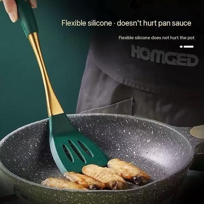 8-Piece Silicone Kitchen Utensil Set, White and Gold, Heat Resistant Cooking Tools with Comfort Handles- Includes Spatula & Spoon for Nonstick Cookware (Green & Gold) - Image 3