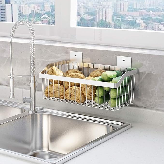 Kitchen Storage Metal Wire Fruit Basket - SUS304 Stainless steel Organizer Storage Bin Baskets for Bathroom - Space Saving Design for Pantry Organization （Silver） by kaileyouxiangongsi