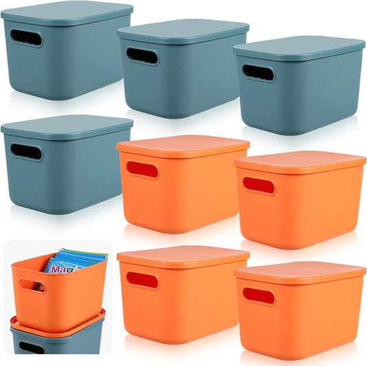 8 Pieces Colorful Storage Bins with Lid, Plastic Storage Basket Organizing Container Stackable Box with Handle for Shelves Desktop Playroom Office(10.2 x 7 x 6.3 Inch,Blue and Orange) by Hoolerry